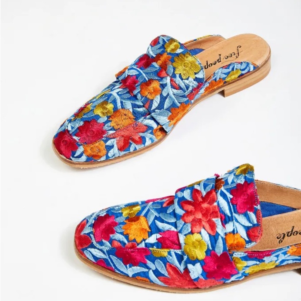 Free People "At Ease" Brocade Embroidered Floral Loafer Mules